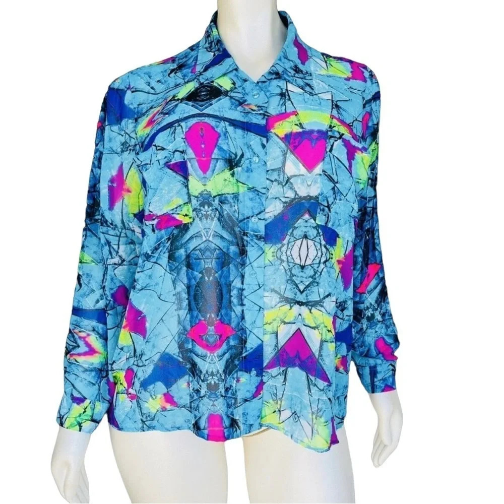 LYS Women’s Plus Size 2X Blue Sheer Button Front Long Sleeve Hi-low Shirt